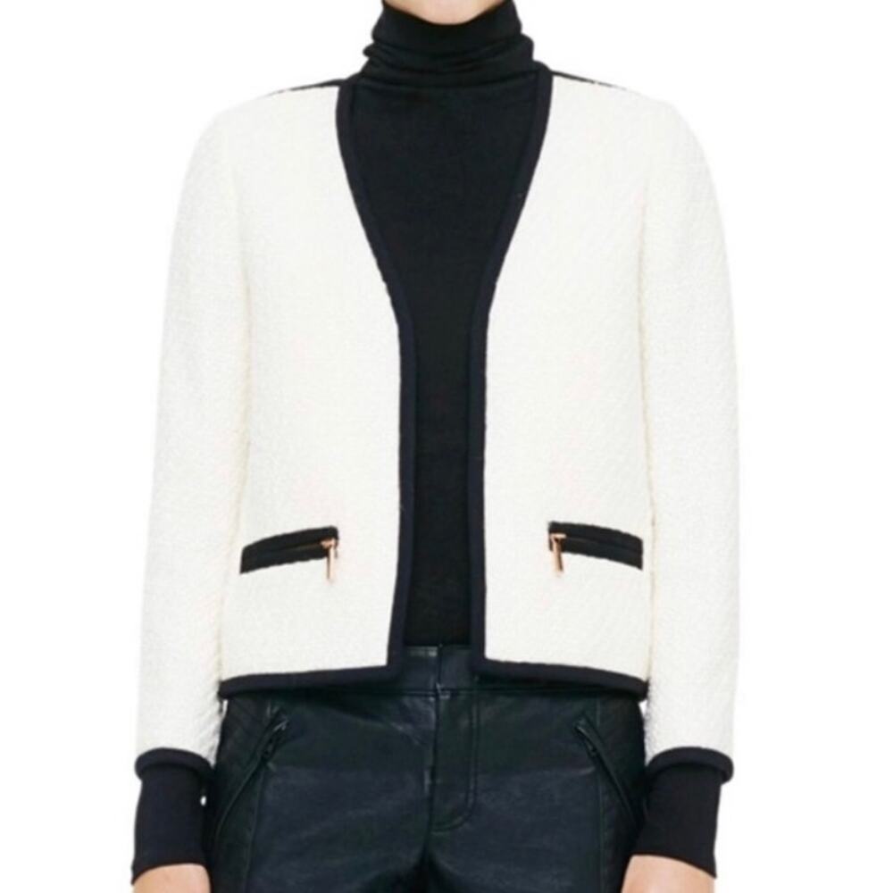 Club Monaco Ophelia Tweed Jacket Open Front Contrast Trim Boucle Blazer, White